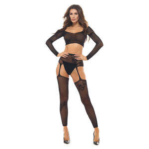 Rene Rofe - Permanent Mark Long Sleeve Top and Garter Bodystocking  - Black